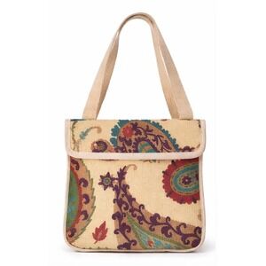 Loloi Womens Crossbody Purse Tote Natural Woven Burlap Paisley Print Strap